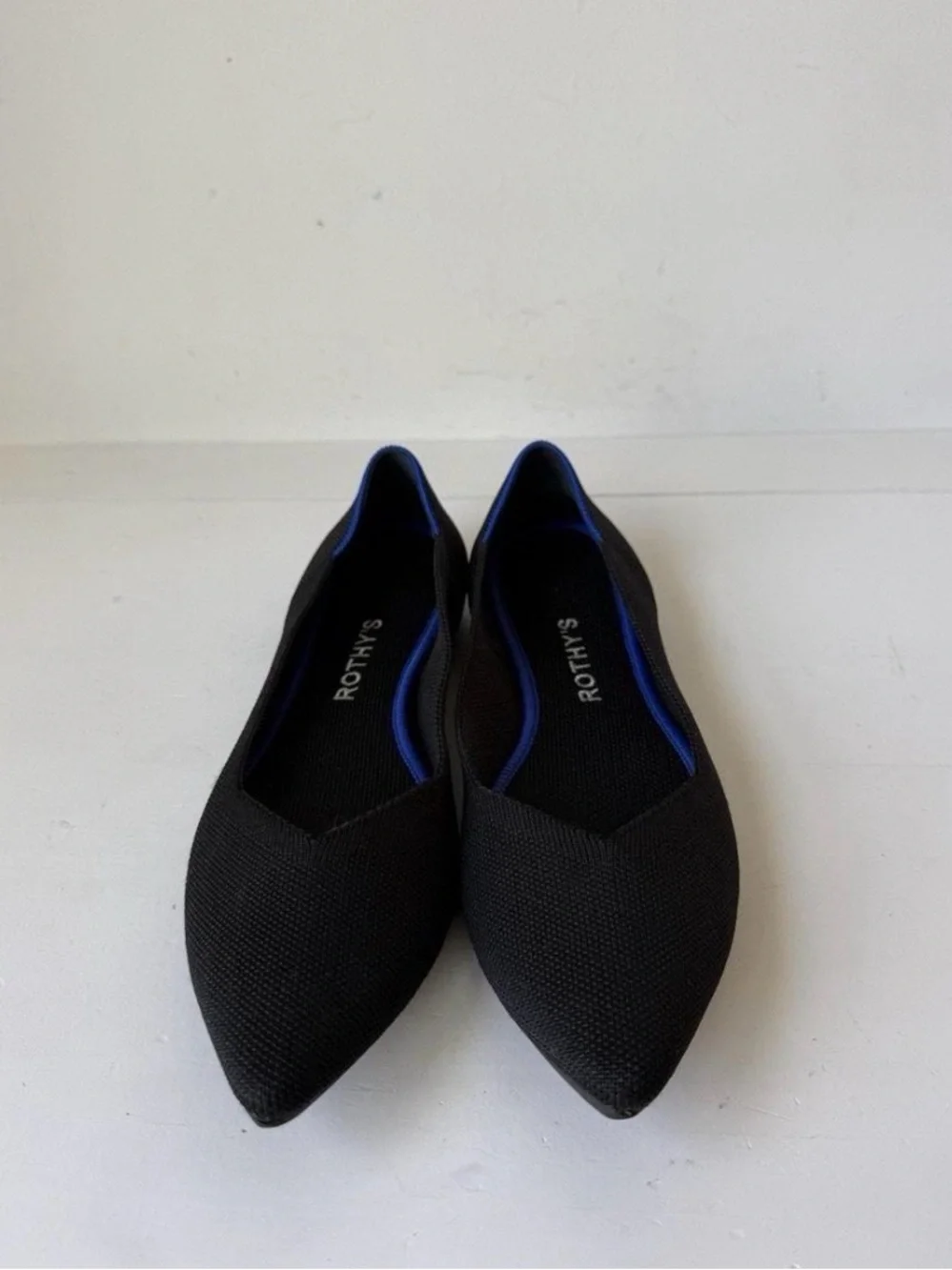 Rothy's Black Pointed Knit Flats with Blue Trim